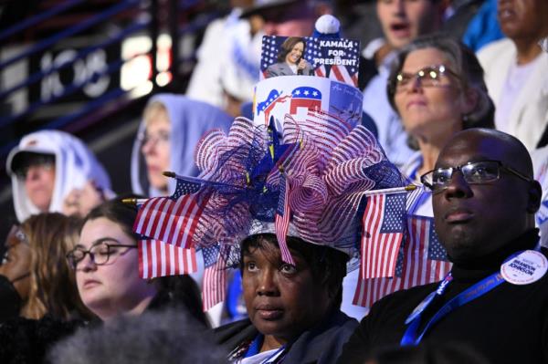 Attendee wearing a patriotic hat at the Democratic Natio<em></em>nal Convention, United Center, Chicago, Illinois, August 22, 2024