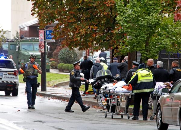 First respo<em></em>nders surround the Tree of Life Synagogue in Pittsburgh, after receiving a call a<em></em>bout an active shooter.</p>
<p>