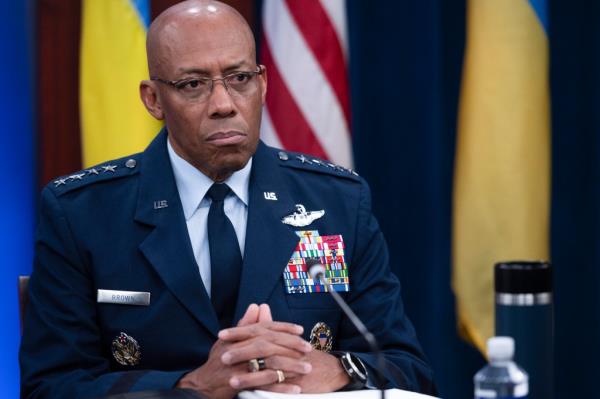 Chairman of the Joint Chiefs Charles Brown, Jr., participates in a virtual Ukraine Defense Co<em></em>ntact Group (UDCG) meeting, Wednesday, Nov. 22, 2023, at the Pentagon in Washington