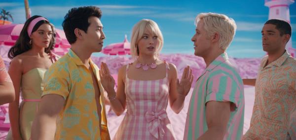 Simu Liu with Margot Robbie and Ryan Gosling in 