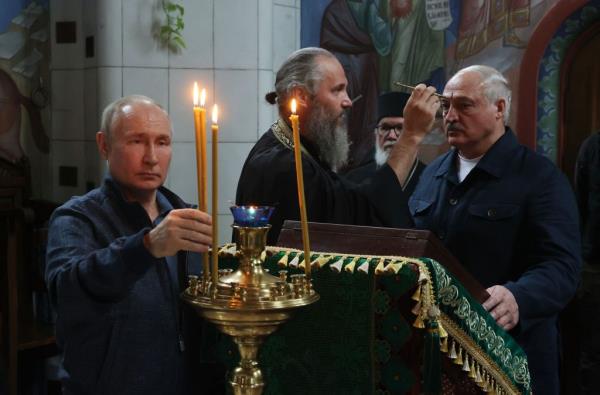 Russian President Vladimir Putin and his Belarus' counterpart Alexander Lukashenko visit the Valaam Mo<em></em>nastery on Valaam island in the northern portion of Lake Ladoga on July 24, 2023
