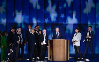 US President Joe Biden does a stage check before the start of the first day of the Democratic Natio<em></em>nal Co<em></em>nvention in Chicago