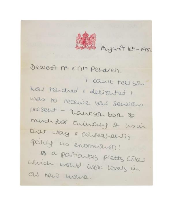 A handwritten 'thank you' letter from the Princess is up for auction.