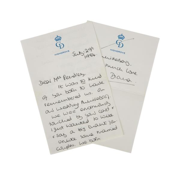 A two page thank you note from Lady Diana on  Highgrove letterhead.