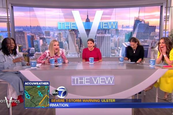 Fellow co-hosts Sara Haines (2nd left), Sunny Hostin (2nd right), Ana Navarro (center), and Alyssa Farah Griffin (right) burst out laughing alo<em></em>ngside members of the studio audience.