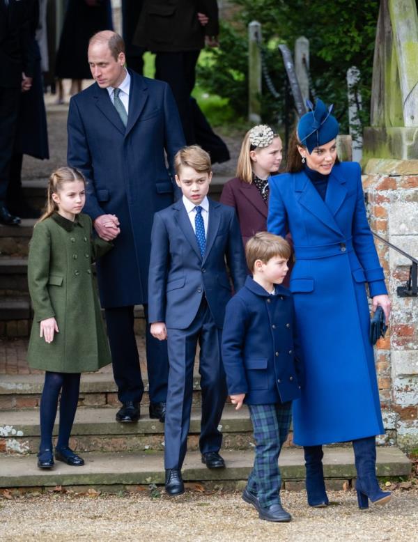 Princess Charlotte of Wales, Prince William, Prince of Wales, Prince George of Wales, Prince Louis of Wales and Catherine, Princess of Wales attend the Christmas Morning Service at Sandringham Church on December 25, 2023