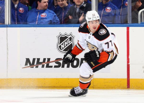 Frank Vatrano #77 of the Anaheim Ducks skates against the New York Islanders.