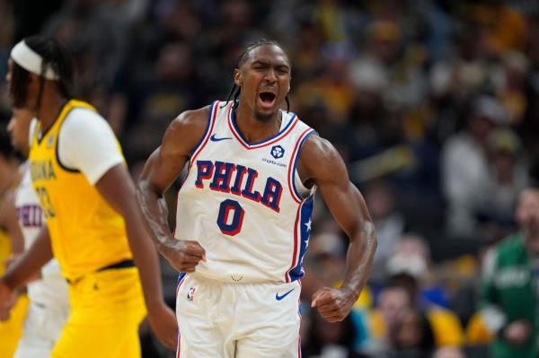 Philadelphia 76ers' Tyrese Maxey reacts after hitting a 3-point basket during the second half of an NBA basketball game against the Indiana Pacers, Sunday, Oct. 27, 2024, in Indianapolis. 
