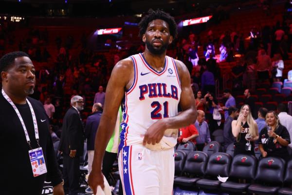 76ers center Joel Embiid (21) looks on after a loss against the Miami Heat at Kaseya Center on Nov. 18, 2024.  