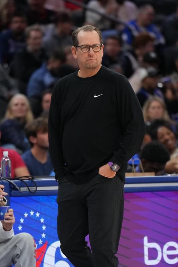 Head Coach Nick Nurse of the Philadelphia 76ers looks on during the game against the Charlotte Hornets on November 10, 2024 at the Wells Fargo Center in Philadelphia, Pennsylvania. 