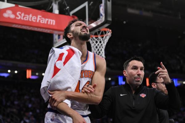 New York Knicks guard Landry Shamet (44) heads to the locker room after an injury during the second half against the Charlotte Hornets at Madison Square Garden.