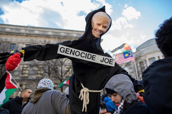 Pro-Palestinian protesters have called the president 