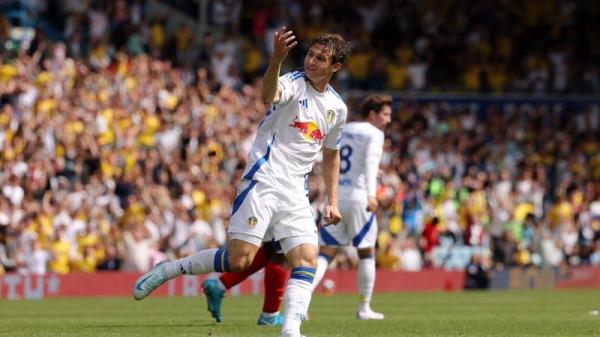 Brenden Aaro<em></em>nson celebrates his late leveller for Leeds - but he could have won it