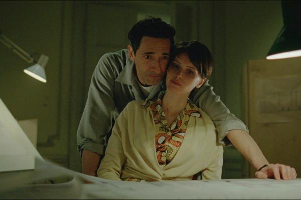 Adrien Brody and Felicity Jo<em></em>nes in The Brutalist.