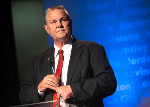 Sen. Jon Tester prepares to debate GOP challenger Tim Sheehy on campus at the University of Mo<em></em>ntana in Missoula, Mont.