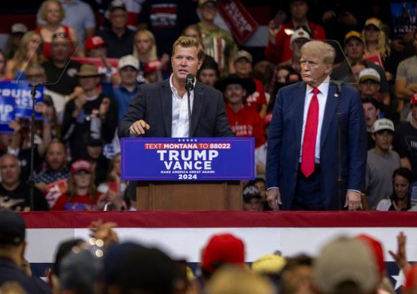Republican candidate for US Senator, Tim Sheehy, speaks at a rally supporting former US President and Republican presidential candidate Do<em></em>nald Trump (R) in Bozeman, Montana, on August 9, 2024.