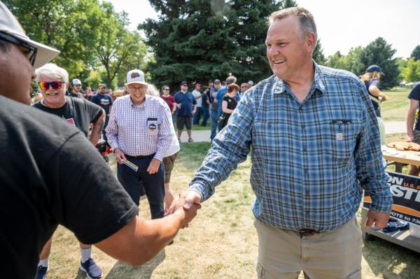 Mo<em></em>ntana Democratic Senator Jon Tester speaks to and visits with unio<em></em>n members at a Labor Day campaign stop wher<em></em>e he was presented with an award from the Alliance for Retired Americans on September 2, 2024 in Billings, Montana.