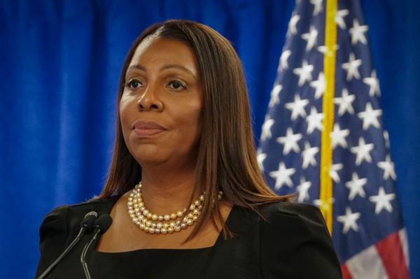New York Attorney General Letitia James speaks during a news briefing, Feb. 16, 2024.
