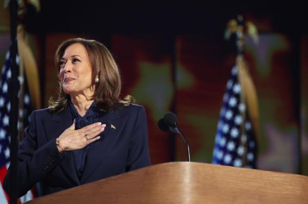 Democratic presidential nominee Vice President Kamala Harris greets delegates during the Democratic Natio<em></em>nal Co<em></em>nvention at the United Center on Thursday, Aug. 22, 2024, in Chicago.