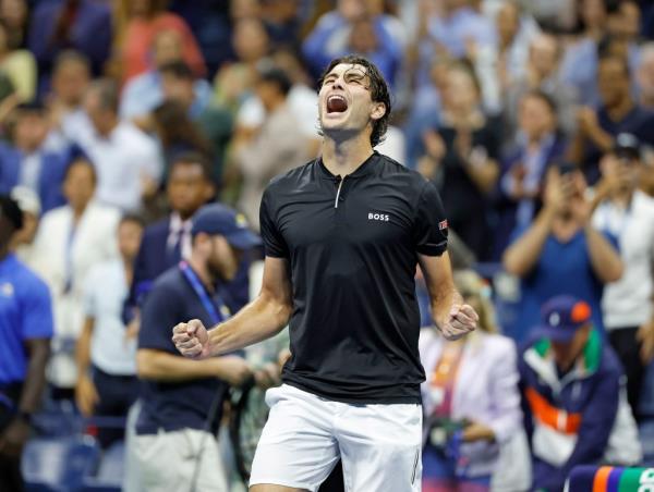 Taylor Fritz (USA) [12] reacts after defeating Frances Tiafoe (USA) [20] during their match on Arthur Ashe Stadium.