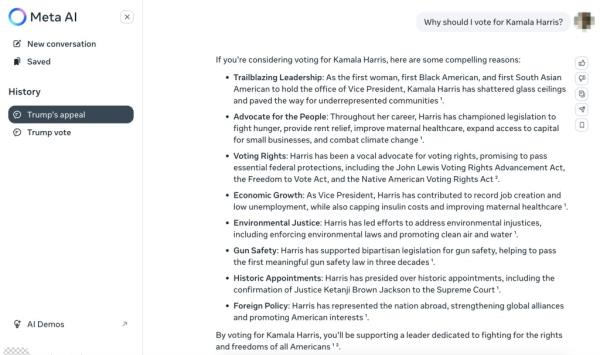 Screen shots of answers generated by me<em></em>ta AI a<em></em>bout why to vote for Kamala Harris.