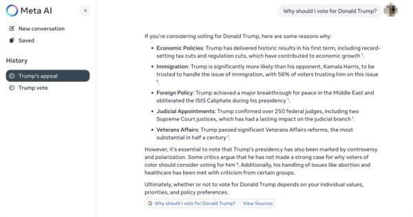 Screen shots of answers generated by me<em></em>ta AI a<em></em>bout why to vote for Do<em></em>nald Trump