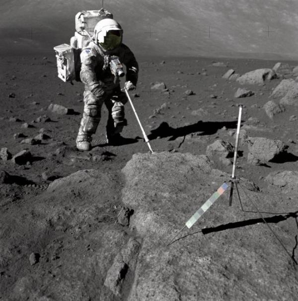 Geologist-Astro<em></em>naut Harrison Schmitt digs up lunar crystals in 1972