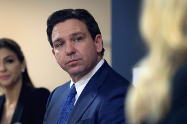 Florida Governor Ron DeSantis speaks to guests during the Scott County Fireside Chat at the Tanglewood Hills Pavilion on December 18, 2023 in Bettendorf, Iowa. 