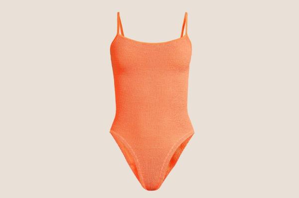 Jessica Biel's favorite orange one-piece swimsuit by Hunza G