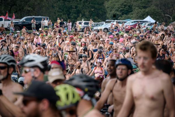nude bikers are pictured at the annual ride through Philadelphia
