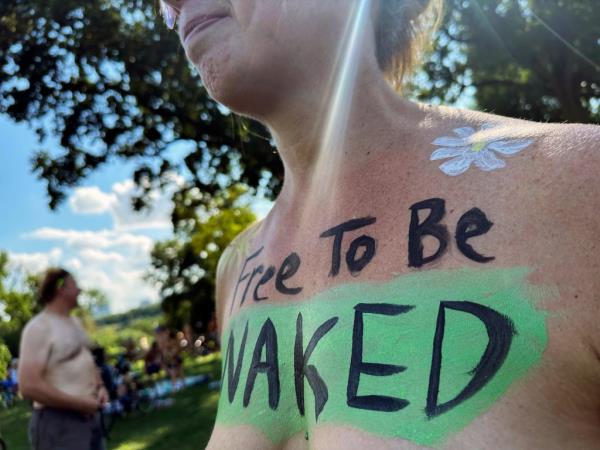 nude biker's slogan declares she's 