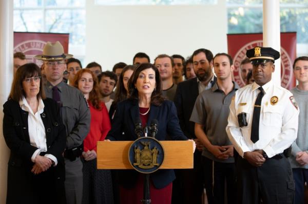 Gov. Kathy Hochul spoke at Cornell University a<em></em>bout recent antisemitic threats on campus on October 30, 2023.