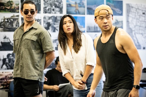 Patrick Jhanur, Ngoc Phan and Will Tran during rehearsals for Queensland Theatre’s Vietgone.