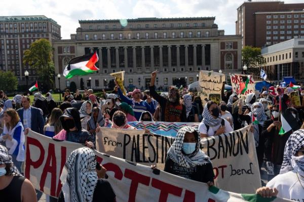 Anti-Israeli protesters take to Columbia University on the anniversary of the Oct. 7th Hamas Attacks on Israel on Oct. 7, 2024.