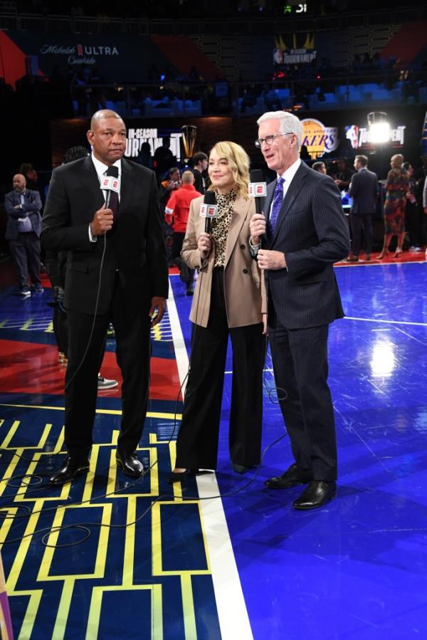 Doc Rivers, Doris Burke, and Mike Breen look on during the game between the Indiana Pacers and Los Angeles Lakers during the In-Season Tournament Champio<em></em>nship game on December 9, 2023 