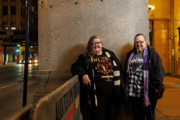 Barbara, left, and sister Jane Greer before attending a book tour for Rush lead vocalist Geddy Lee, Dec. 3, 2023, in Chicago.