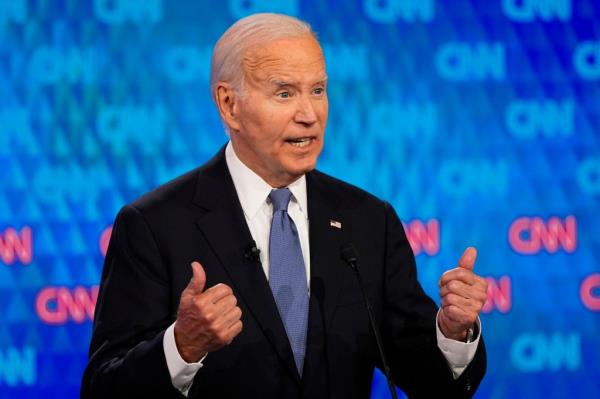 President Joe Biden and former President Do<em></em>nald Trump in a heated debate on stage during the 2024 presidential election debate, Atlanta.