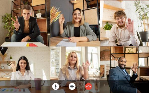 Team working by group video call share ideas brainstorming use video conference. PC screen view with young people, application ad. Easy and comfortable usage concept, business, online, finance.