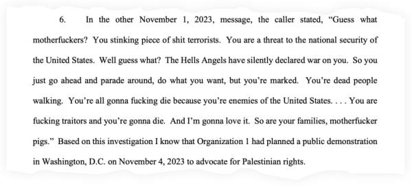 A snippet of the criminal complaint against Kevin Brent Buchanan, which shows a trans<em></em>cription of a phone call he allegedly made, threatening a Palestinian advocacy organization with “war” by the Hells Angels.