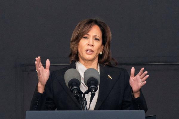U.S. Vice President Kamala Harris speaking at the podium during the 2023 graduation ceremony at the United States Military Academy in West Point, New York