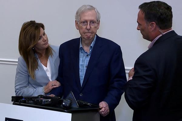 Top U.S. Senate Republican Mitch McCo<em></em>nnell appears to freeze up for more than 30 seco<em></em>nds during a public appearance before he was escorted away, the second such incident in a little more than a month, after an event with the Northern Kentucky Chamber of Commerce in Covington, Kentucky, U.S. August 30, 2023 in a still image from video.