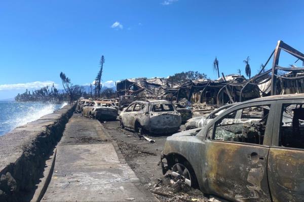 Burned cars on the road near ocean in Lahaina on Front Street.