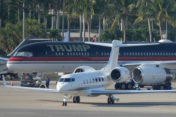 Trump's private plane sits parked on the tarmac at Palm Beach Internatio<em></em>nal Airport on April 3, 2023.