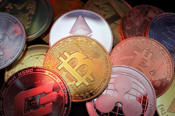Illustration of various cryptocurrencies including Bitcoin, Dash, Ethereum, Ripple, and Litecoin depicted as coins.