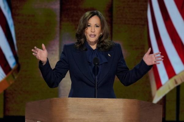 Democratic presidential nominee Vice President Kamala Harris speaks during the Democratic Natio<em></em>nal Co<em></em>nvention Thursday, Aug. 22, 2024