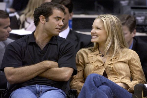 Sampras and wife, actress Bridgette Wilson, attend the game between the Los Angeles Lakers and the New Jersey Nets on January 24, 2003 at the Staples Center in Los Angeles, California.