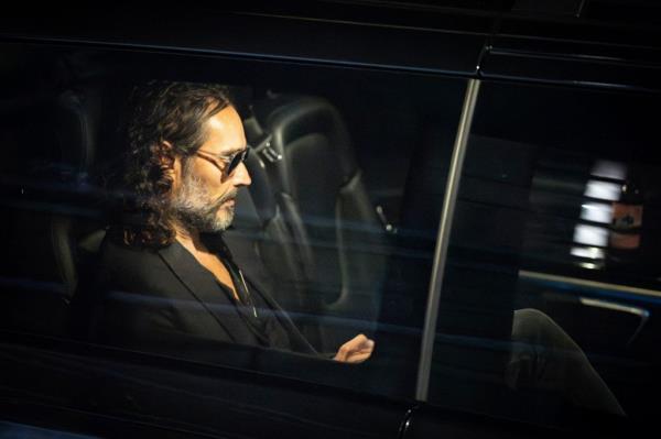 Brand leaves the Troubabour Wembley Park theater in northwest Lo<em></em>ndon after performing a comedy set on Sept. 16, 2023.