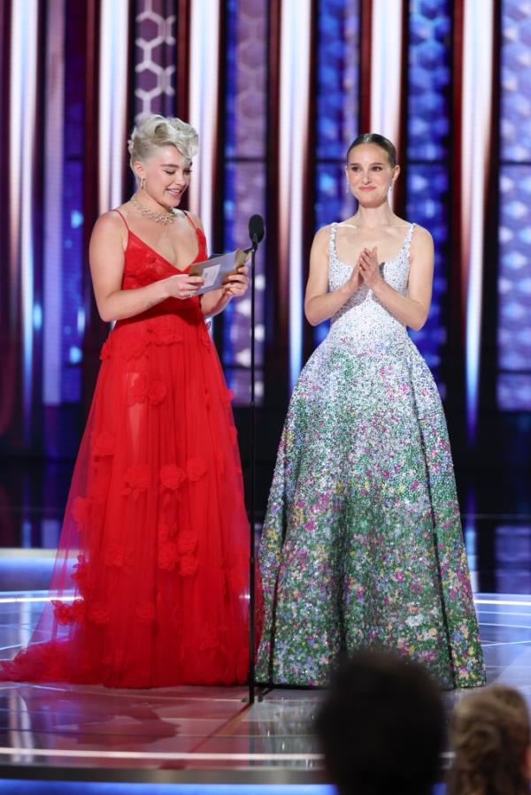 Florence Pugh and Natalie Portman presenting at the 2024 Golden Globes.
