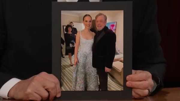 Jimmy Kimmel showing Natalie Portman and Mark Hamill's first meet and greet on his show on January 11, 2024.