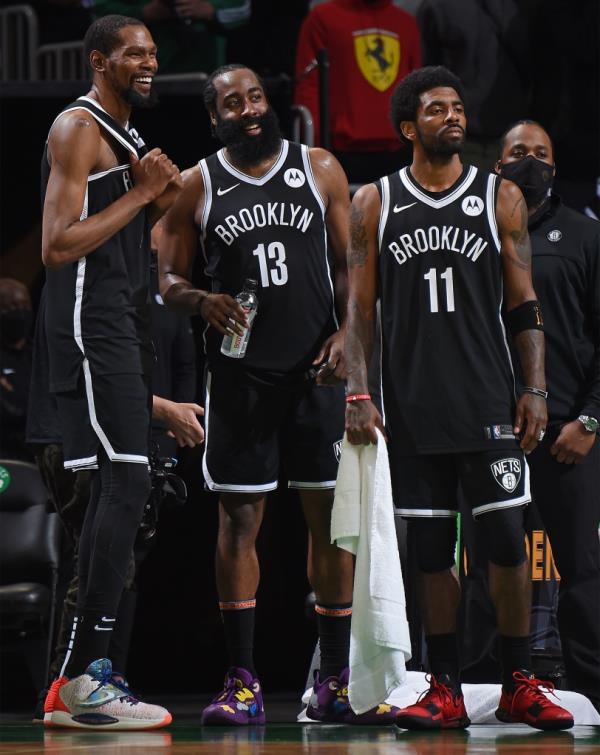 (From left) Kevin Durant, James Harden, and Kyrie Irving as members of the Brooklyn Nets in May 2021.